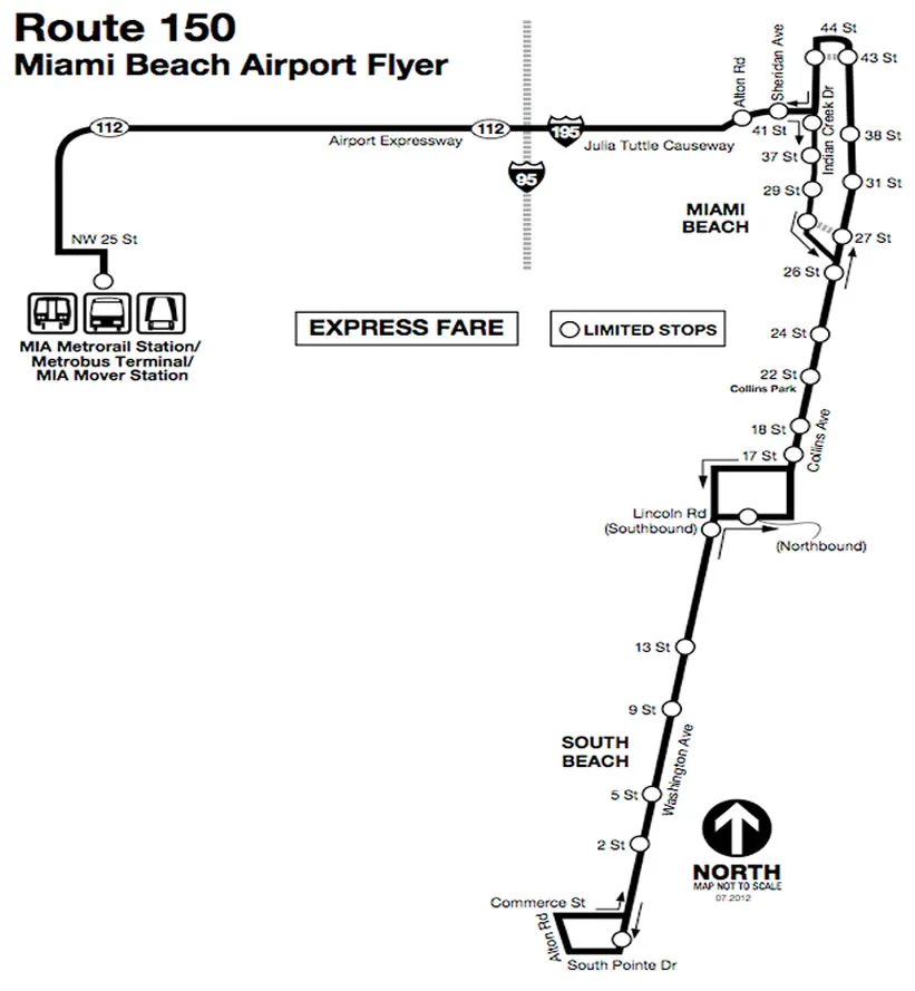 Metrobus Express 150 Route from the Airport to Miami Beach
